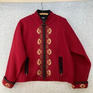 Icelandic Design L Boiled Wool Embroidered Full Zip Sweater Jacket Pockets